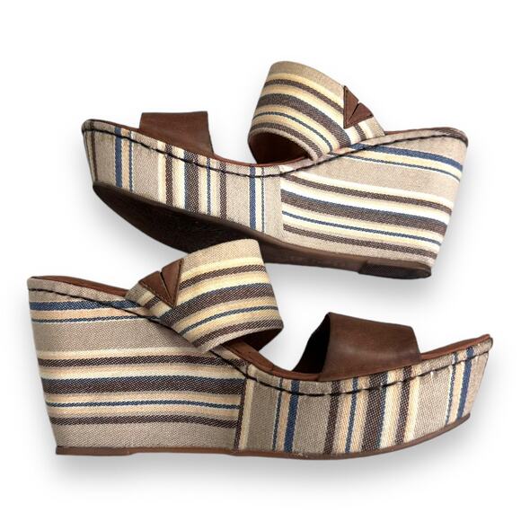 Born Leather And Striped Canvas Two Strap Platform Wedge Sandals Women's Size 10 - Picture 6 of 10
